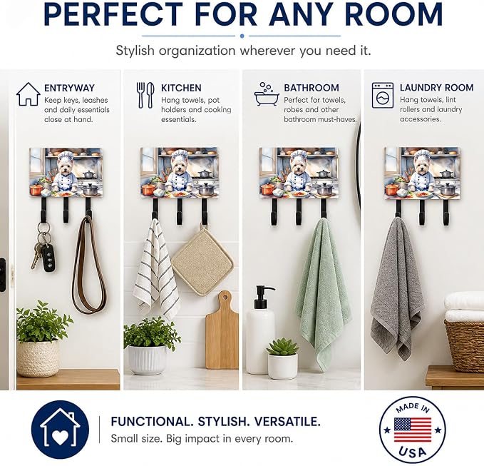Caroline's Treasures Westie The Chef Leash or Key Holder Wall Hooks, Key Hooks Holder, Coat Rack Wall Mount, Coat Hooks, Hooks for Hanging Keys, Towels, Aprons, Leashes | Westie The Chef artwork on ceramic tile with three steel hooks for keys, leashes,...