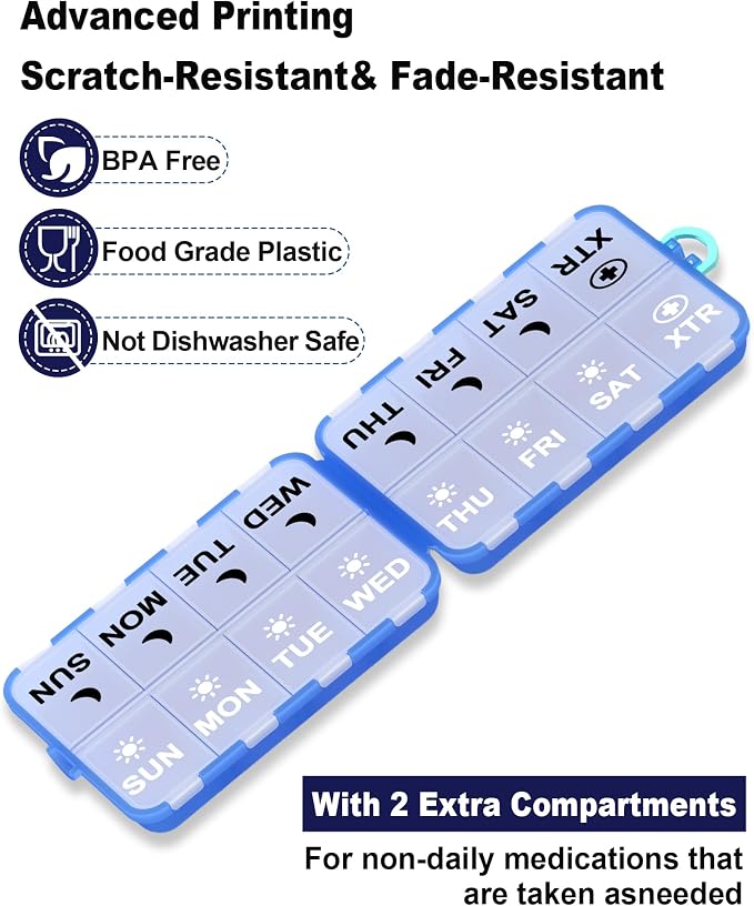 Pill Organizer Travel Medicine Organizer - Weekly Pill Organizer with 2 Extra Compartments, Clear Printed Labels, AM PM Pill Dispenser