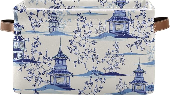 susiyo Large Closet Storage Bin Pagodas Chinoiserie Fabric Storage Baskets Collapsible Decorative Baskets Organizing Basket Bin with PU Handles for Shelves Home Closet Bedroom Living Room-2Pack
