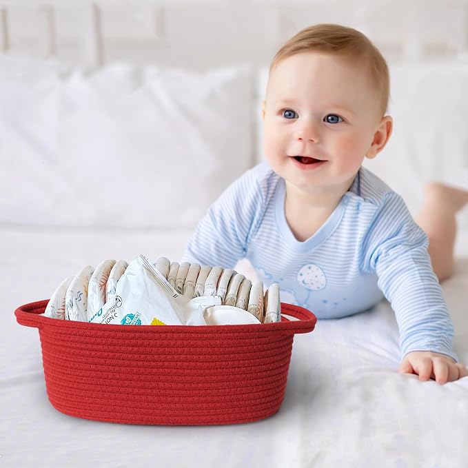 Red Woven Basket, 13" x 9" x 5" Baskets for Gifts Empty, Cute Cotton Rope Cat Dog Toy Bin Box, Small Woven Bin for Organizing, Red Room Decor, Nursery Cloth Diaper Storage Organizer
