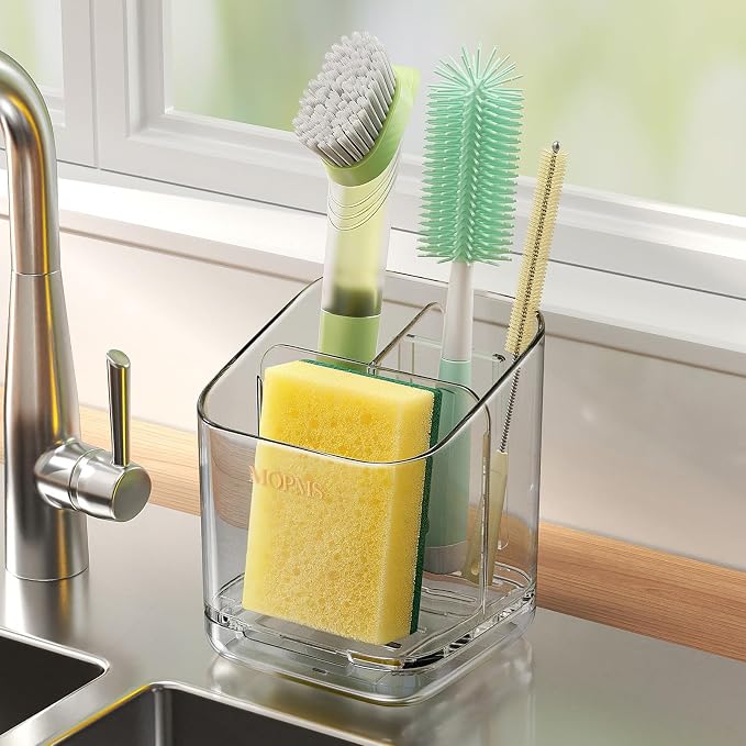 MOPMS Kitchen Sponge Holder with Drip Tray, Sink Caddy Organizer | Clear PET Kitchen Storage Rack Holds Brushes with Removable Divider, Durable Countertop Holder Space-Saving