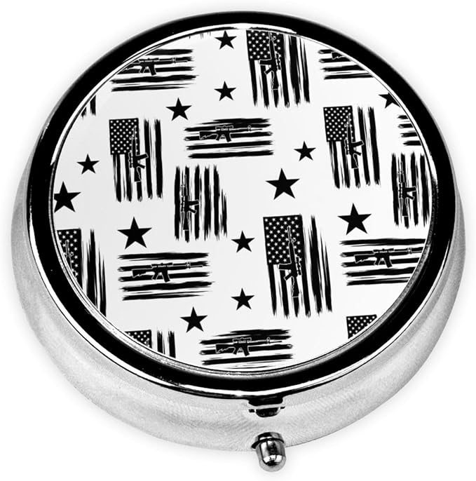 Pocket Pill Box, Waterproof Round Dispenser, Portable Mini Case for Supplements, Daily Use Organizer for Active Lifestyles, American Hunting Flag