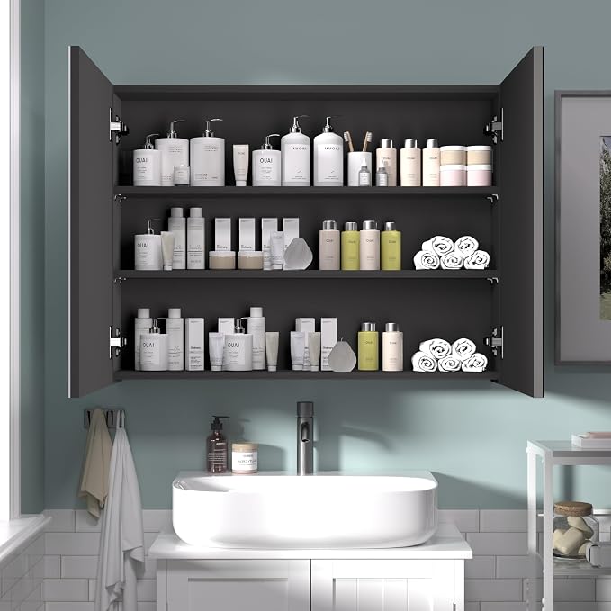 24x32 inch Bathroom Wall Cabinet, Saver Storage Cabinet, Medicine Cabinet with 2 Door and Adjustable Shelves, Black（Assembly Required）