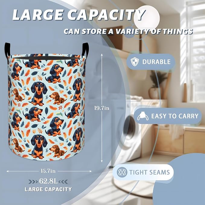 Playful Dachshund with Leaf Laundry Basket with Handles, 19.7"x15.7" Clothes Foldable Cute Puppy Dog Pet Laundry Hamper Organizer for Dorm Nursery Bedroom Bathroom Decor, Toy Storage Bin for Kids