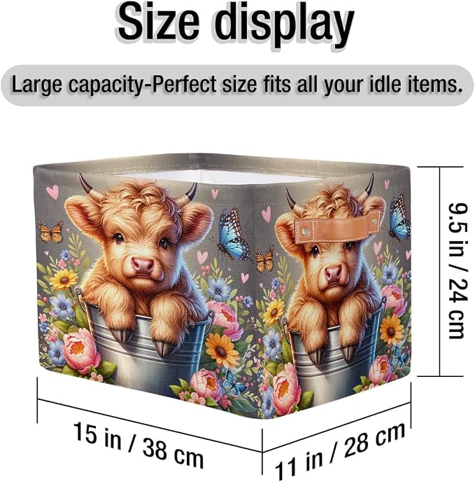 Basket Storage Bins Alpine Cattle Cow Flower Rectangle Cube Basket Box Kids Girls Boys Toys Organizer Beaket Decor Foldable with Handle for Living Room Bedroom Closet Nursery Office Shelf Gifts