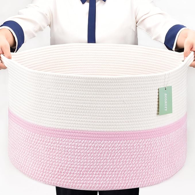 Cotton Rope Basket for Girls Kids, 87L Laundry Hamper, White & Pink