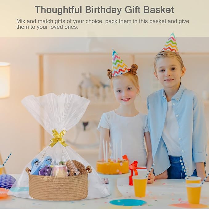 Small Empty Gift Basket with Bag & Ribbons, Camel | 12“x8”x5”, Cotton Rope Woven Basket for Birthdays, Baby Showers, Mother's Day, Christmas; Stores Small Items, Kids & Pet Toys