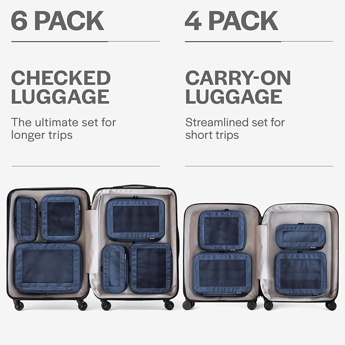 Compression Packing Cubes for Travel, 4-Pack, Dark Blue | Solves overpacking, 4-Piece set fits most carry-ons, 50% Space savings, Compression luggage organizer bags