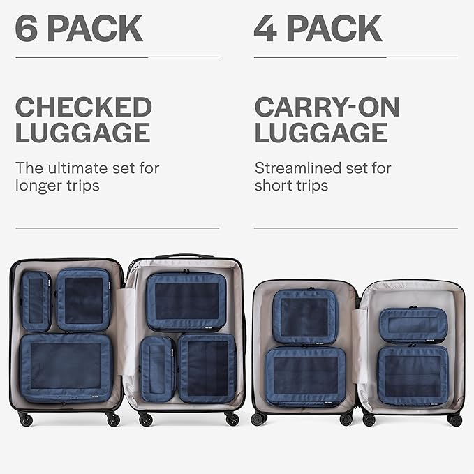 Compression Packing Cubes for Travel, 6-Pack, Dark Blue | Solves overpacking, 6-Piece set fits most suitcases, 50% Space savings, Compression luggage organizer bags