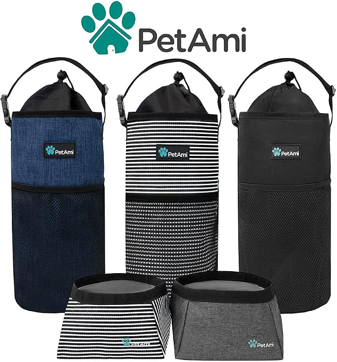 PetAmi Travel Dog Food Bag with 2 Collapsible Bowls Waterproof Dog Kibble Storage & Foldable Food Water Bowls for Dogs & Cats, Hiking & Camping (Stripe Black, Grey)
