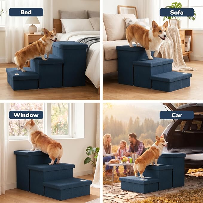 3-Step Wide Dog Stairs with Hidden Storage 18" H, Non-Slip Dog Steps for High Bed Couch Window Car, Jiont-Friendly Pet Stairs Ramp for Small/Medium/Large Old Dogs Cats Up to 220lbs, Navy