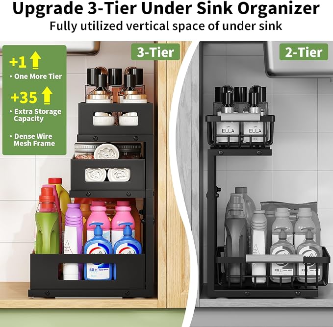 Under Sink Organizer,3-Tier Heavy Duty Pull out Cabinet Organizer Shelf | Height Adjustable,Thickened Metal,Slide out Storage Drawer Rack for Kitchen Bathroom Pantry Laundry Home Organization