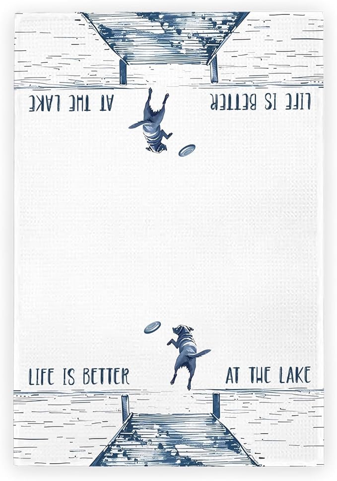Lake House Hand Towels for Bathroom, Life is Better at The Lake Kitchen Towels, Lakehouse Decor for The Home, Dog Lover Mom Gifts Dish Towel Drying Cloth for Kitchen, 16x24 Inch