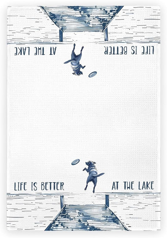 Lake House Hand Towels for Bathroom, Life is Better at The Lake Kitchen Towels, Lakehouse Decor for The Home, Dog Lover Mom Gifts Dish Towel Drying Cloth for Kitchen, 16x24 Inch