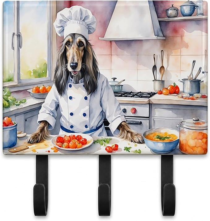 Caroline's Treasures Afghan Hound The Chef Leash or Key Holder Wall Hooks, Key Hooks Holder, Coat Rack Wall Mount, Coat Hooks, Hooks for Hanging Keys, Towels, Aprons, Leashes | Afghan Hound The Chef artwork on ceramic tile with three steel hooks for ke...