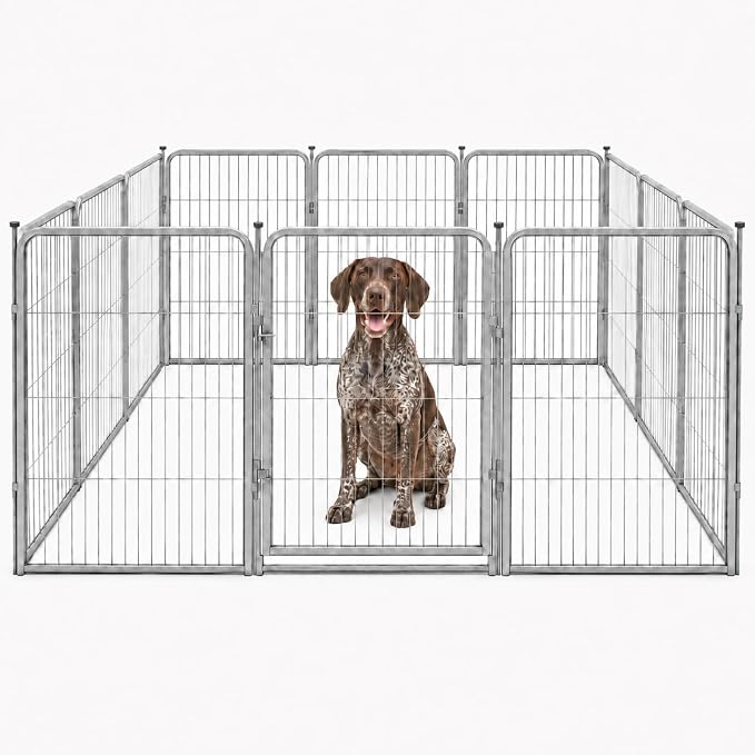 Indoor Dog Playpen - 40 inch, 12 Panels for Medium and Large Size Dogs - Play Pen w/Extra Wide Gate - Heavy Duty Metal Portable Pet Fence with Grey Anti-Rust Coating