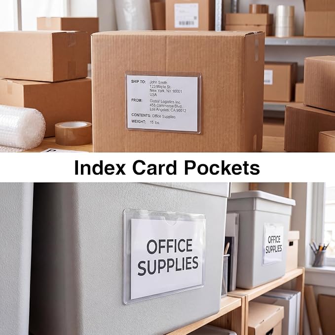 36 Pack Adhesive Index Card Holders Clear 4 x 6 Label Pockets | Clear Pvc, Not Included Index Cards, Top Loading, Sticks To Bins Shelves Boxes And Bags, Helps Organize And Protect Labels