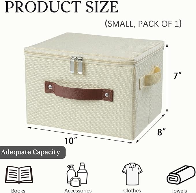Storage Bins with Zipper Lid Decorative Lidded Box Fabric Baskets | Cotton Linen Fabric Boxes, Collapsible Shelf Closet Organizer Container, PU Leather Handle, Stackable Washable(Beige, Small)
