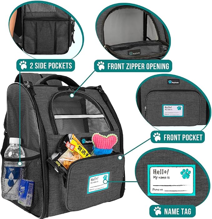 PetAmi Dog Backpack Carrier Airline Approved Cat Pet Puppy Bag, Charcoal | Ideal for Small Medium Large Pet up to 18 lb, 2 Side Entry Structured No-Collapse Frame, Ventilated Bookbag for Hiking Travel