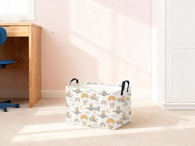 Sanjiaofeng Rectangular Kids Basket Bear Storage Bins,Cute Storage Basket with Handles.Clothers,Books,Kid's Gifts Bins. (Airplane Bear)