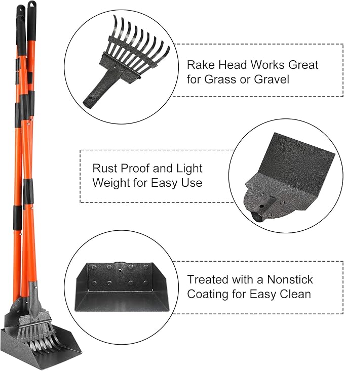 Pooper Scooper, Long Handle Dog Poop Scooper for Medium Small Dogs | Heavy Duty, Pet Supplies Metal Tray Rake Spade,Stainless Steel,Rust-Resistant, 37"+ Handle No Bend, Use on Grass Dirt Gravel