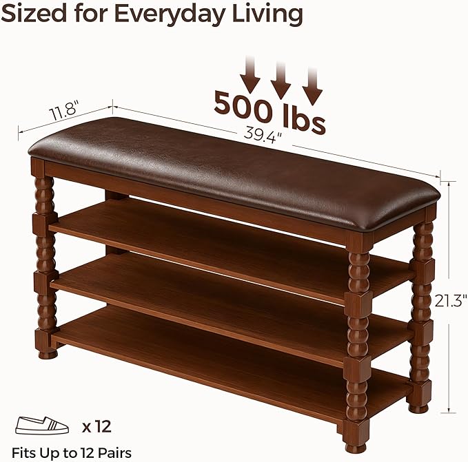 Homleke 39.4" Wide Solid Wood Shoe Rack Bench with Classic Turned Ball Legs | Tall 3-Tier Entryway Bench with Leather Seat, Holds Up to 12 Pairs, for Hallway, Bedroom and Closet, Walnut