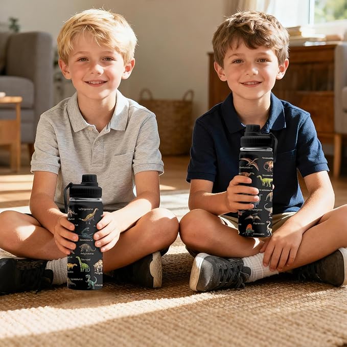 Dinosaur Gifts for Boys, 18 oz Stainless Steel Water Bottles with 2 Lids, Insulated Water Bottle with Straw, Dinosaur Cups for Travel Sports Outdoor, Birthday Christmas Gifts for Boys Dino Lovers