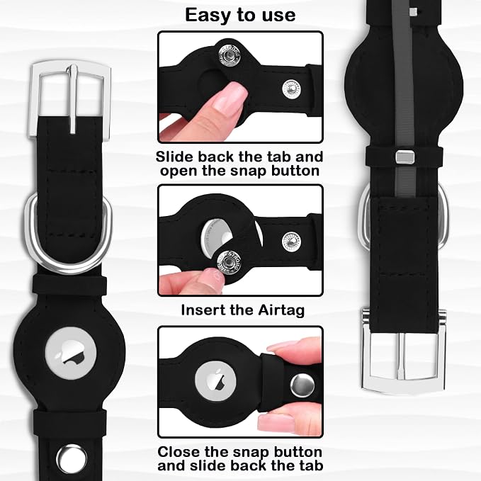 Leather Dog Collar with Airtag Holder - Apple Air Tag Dog Collars - Soft Tracking GPS Pet Collar for Small Medium Large Dogs Breed Puppy (Black, L, 15"-19" Neck Fit)