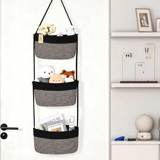 Hanging Basket, 3-Tier Woven Wall Basket with 4 Hooks, Cotton Rope Storage Baskets, Over the Door Organizer for Nursery, Bedroom, Cottage and Boho Wall Decor