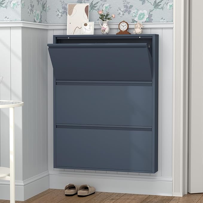 GREATMEET Shoe Cabinet with 3 Flip Drawers, Slim Metal Shoe Cabinet Storage for Entryway, Hidden Narrow Shoe Rack Organizer Cabinets Wall Mount for Living Room, Bedroom, Hallway, Blue