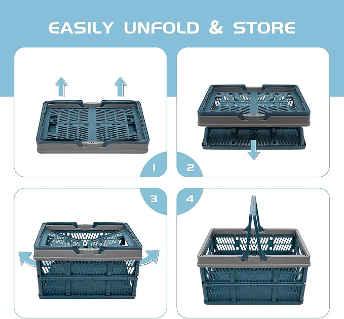 VALESKA Collapsible Crate 20L, Plastic Milk Crates for Storage, Foldable Collapsible Shopping Basket with Handles,Car Trunk Basket,for Kitchen（Deepblue）