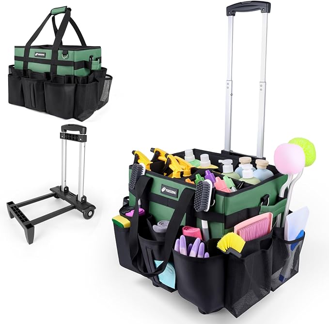 Large Rolling Cleaning Caddy Bag with Wheels, Cleaning Bag with Detachable Trolley, Cleaning Bags on Wheels for Housekeepers, Cleaning Cart Supplies Organizer for Home, Car, Picnic (Green)
