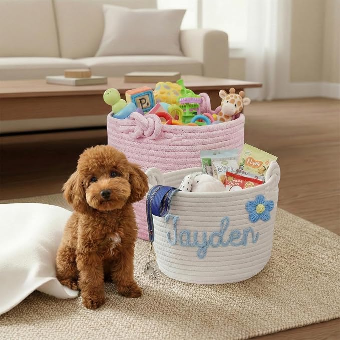 Personalized Dog Toy Storage Basket - Custom Woven Cotton Rope Bin with 3D Cord Name for Puppy Accessories, Treats & Pet Organization Pink L