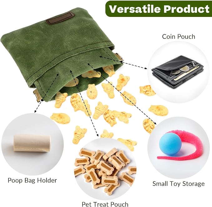 Dog Treat Pouch, Portable Auto Closing Dog Training Treat Bag with Carabiner, Hands Free Pocket Sized Snack Reward Pouch for Puppy Walking Travel Outdoor Use, Green