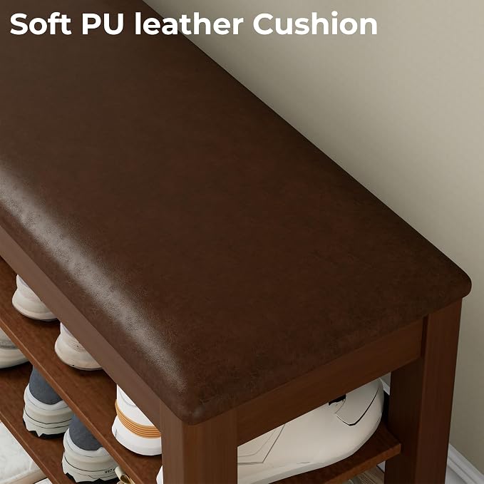 Homleke 47.2" Wide Solid Wood Shoe Rack Bench with Flip-Top Storage | 2-Tier Entryway Bench with Cushion, Adjustable Shelf, Holds Up to 12 Pairs, for Hallway, Bedroom and Closet, Walnut