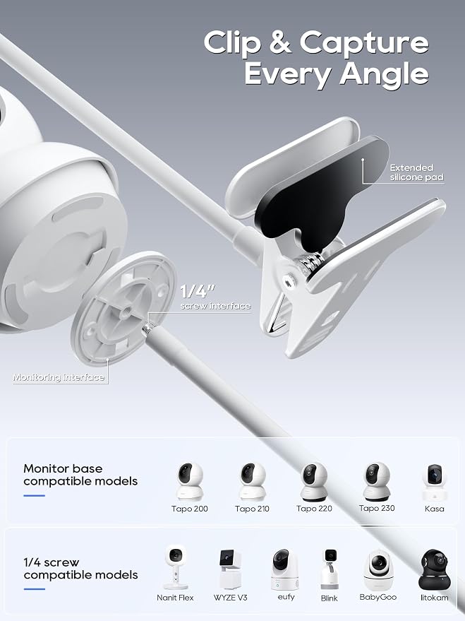 Baby Monitor Mount - Universal Adjustable Baby Camera Clip Mount for Nanit, Hello Baby, Nanit Pro, Kasa & Most Baby Monitors, Attaches to Crib Cot Shelves or Furniture