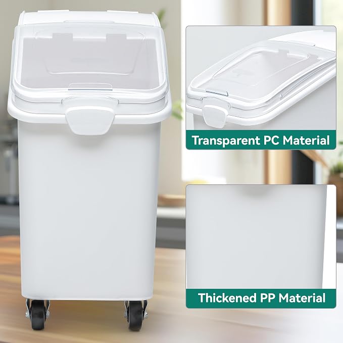 YITAHOME 21-Gallon Food Storage Container Bulk Flour Bin, Large Ingredient Storage Bin with Wheels, Measuring Cup & Scoop, for Kitchen/Dining Room, Commercial Rice Container, 2 count,White