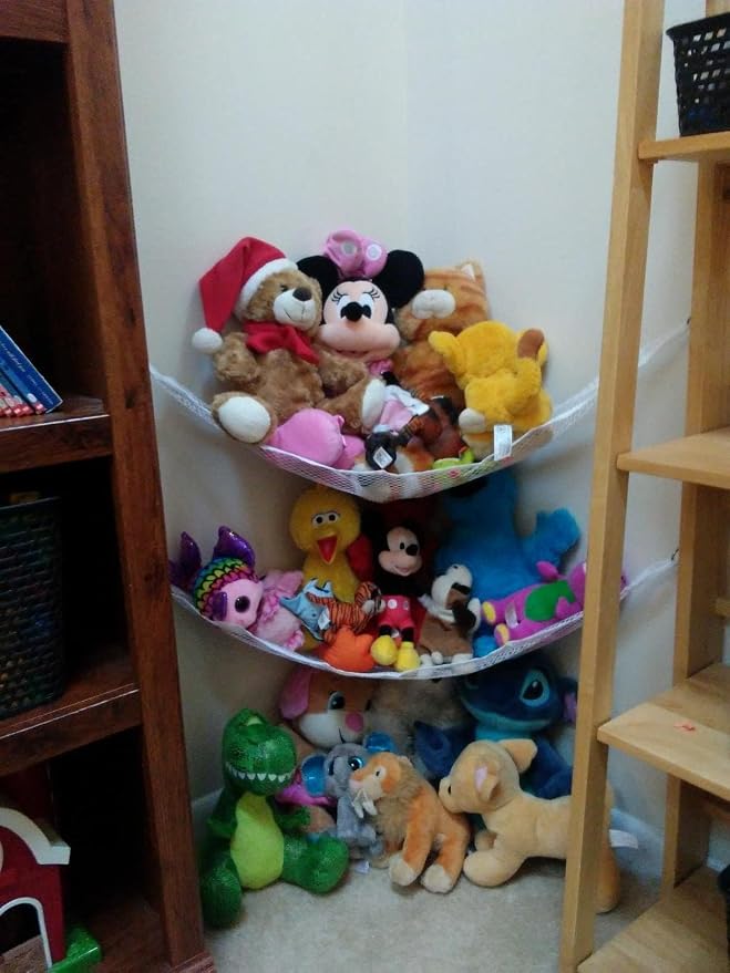 Stuffed Animal Storage Hammock - Small Plushie Net - Corner Hanging Stuffed Animal Net Organizer Holder for Teddy Bears Stuffies - Stuffy Hammock for Bedroom (White)