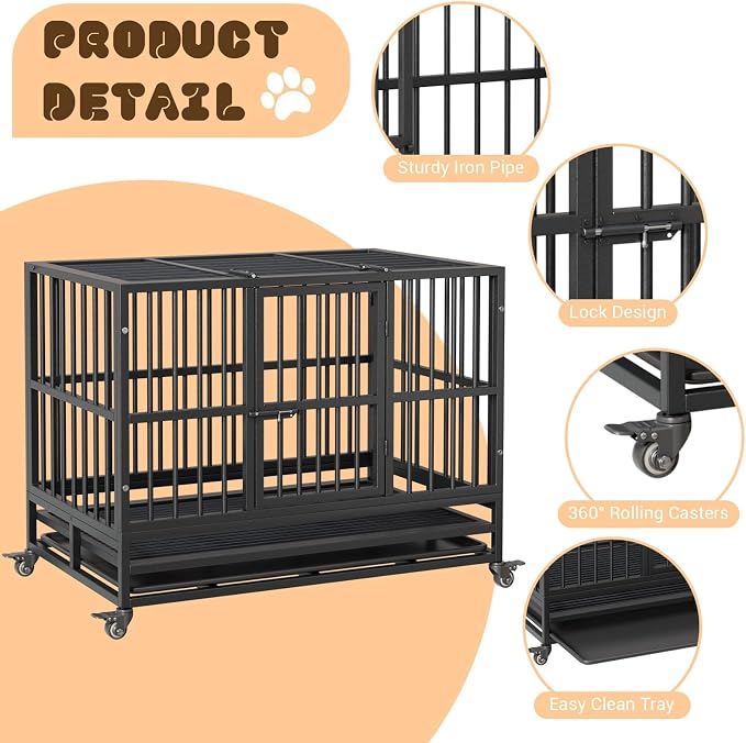 GarveeLife 38inch Heavy Duty Dog Crate, Foldable Indoor Dog Cage with Double Door, 360° Lockable Wheels and Removable Tray, Easy to Clean and Assembly，for Small Medium Dogs