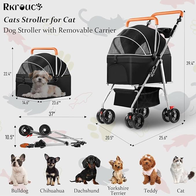 3 in 1 Pet Stroller for Dogs Cats Foldable Jogger with Detachable Carrier