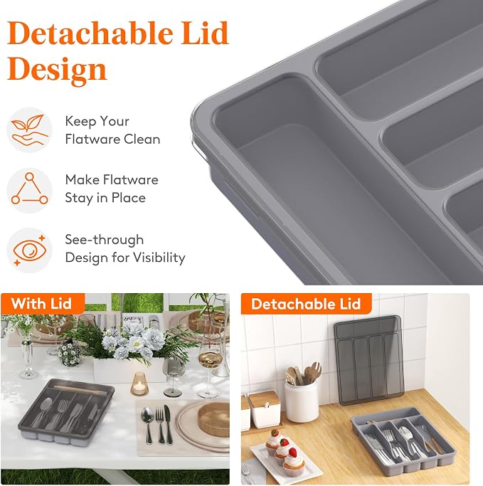 Lifewit Silverware Organizer with Lid, Covered Utensil Tray, 9.5x12.7 | Plastic Cutlery Storage Box for Kitchen Drawer and Countertop, Flatware Case Holder for Spoons Forks Knives, Gray