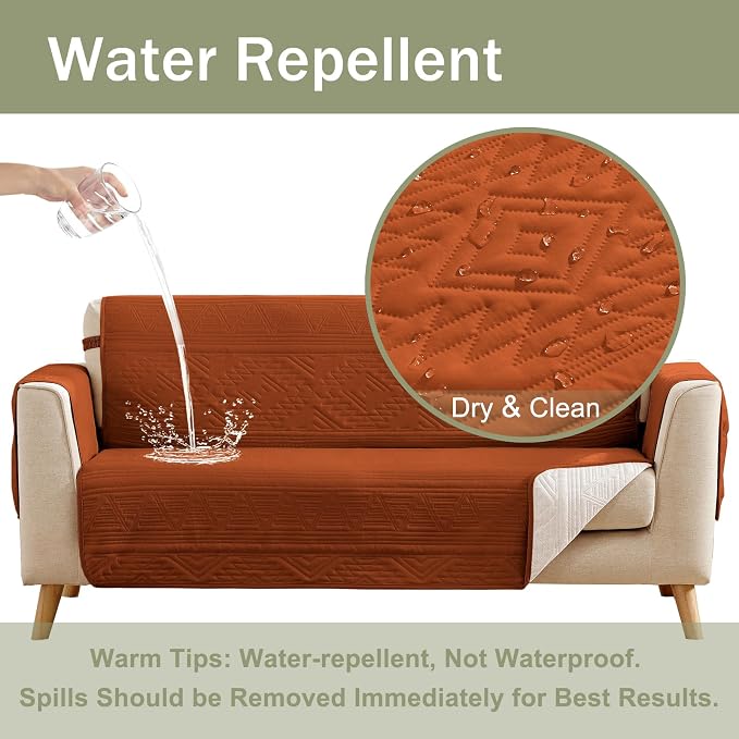 Boho Quilted Pet-Friendly Couch Covers with Pockets, Anti-Slip Aztec Couch Covers for 3 Cushion Couch, CouchCovers for Sofa Water-Repellent SofaCovers Washable (Large Sofa 68", Burnt Orange)