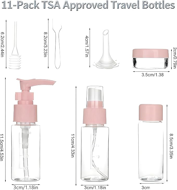 Travel Bottles Kit,11pcs TSA Approved Leak Proof Toiletry Container | PET plastic, leak-proof, TSA size, 40ml bottles, sprayers, jars, bag included, for lotion, shampoo, travel, gym