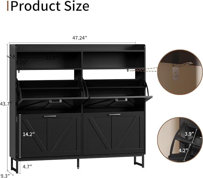 Xixini Shoe Storage Cabinet with 4 Flip Drawers, Entryway Shoe Rack, Black | Freestanding Narrow Shoe Storage, Hidden Slim Wood Shoe Organizer, Modern Farmhouse, Open Storage & Hooks for Closet, Hallway