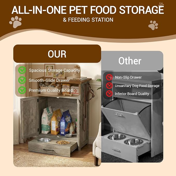 Dog Feeding Station with Storage Cabinet, Raised 2 Elevated Dog Bowls with Hidden Pull Out Drawer, Pet Feeder Organizer with 3 Side Hooks, Large Capacity Dog Food Storage Cabinet