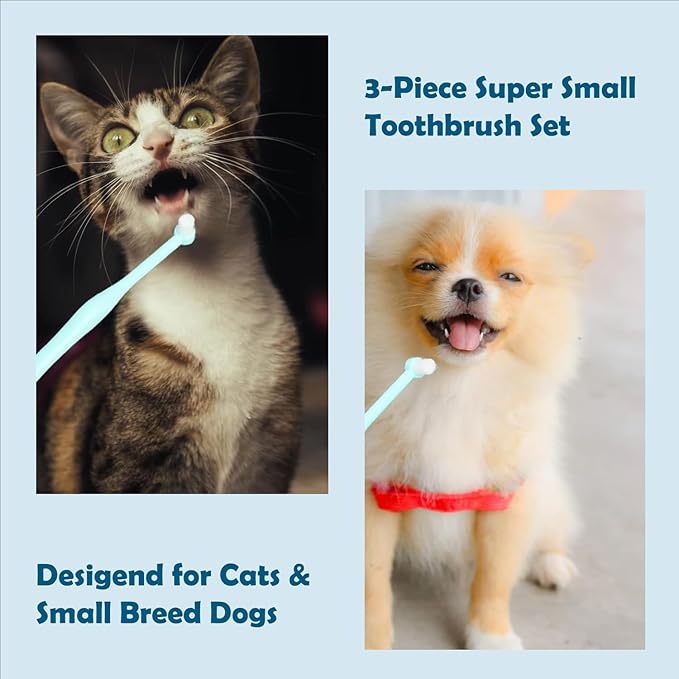 Pet Republique Extra Small Breed Toothbrush Kit for Dogs & Cats, 1/4” PointedBrush, 1/4” FlatBrush, 3/8” RegularBrush (3-Piece Kit); Works on Yorkie, Chihuahua, Pomeranian, and Miniature Breeds