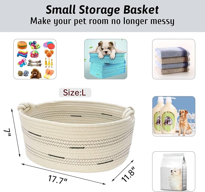 Fhiny Cotton Rope Dog Toy Basket with Handle Puppy Toys Storage Bin Small Woven Rectangle Diapers Pet Kitty Bed Perfect for Carry Pet Chew Toys Blankets Leashes Doggie Stuff - Beige L