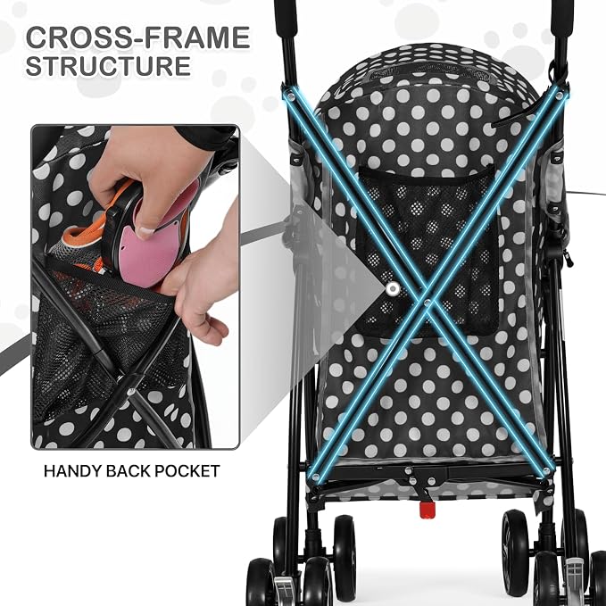 MoNiBloom Pet Stroller for Small/Medium Dogs and Cats, Black Polka Dots | Foladble 4 Wheels Easy-Fold Puppy Cage Jogger Stroller with Sun Cover, Pad and Rear Storage Bag, Breathable and Visible Mesh
