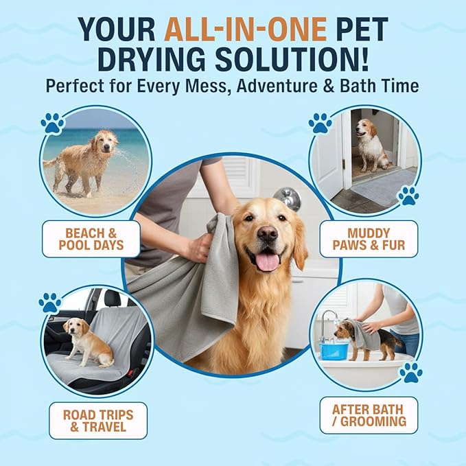 Dog Towel Keeps Your Pet Cozy After Every Use – Microfiber Towels for Drying Dogs & Cats - Quick & Efficient Grooming Gray Towel for Outdoor Play - Gently Dries Your Pet’s Fur 15.7X27.6in l Medium 3PK