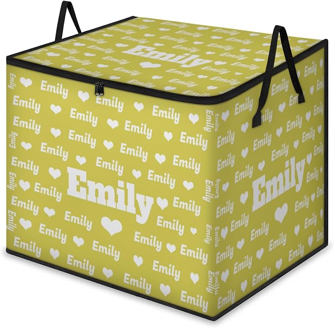 Personalized Name Foldable Storage Basket Cubes with Lid, Laundry Hamper Dirty Clothes Pet Toys Storage Bin with Handles for Shelf Home Closet Kitchen, Lime Yellow Background with Love Hearts